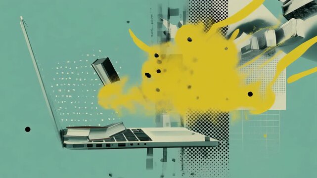 A creative digital art piece featuring a hand over a laptop.