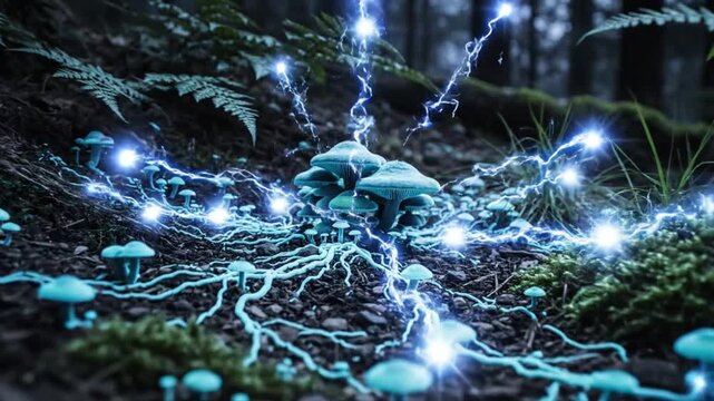 Mushrooms and ferns in a forest emit a glowing blue light, creating an enchanting scene at dusk