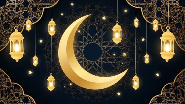 ramadan animated background with crescent moon lanterns and islamic geometric patterns