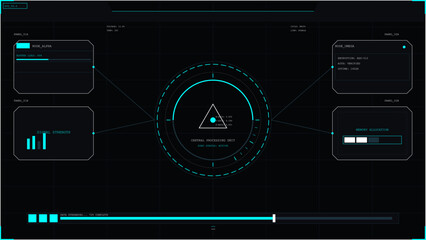 Futuristic digital interface screen showing system diagnostics and data processing metrics
