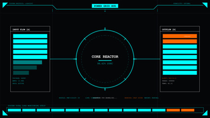 Futuristic power grid control panel interface with core reactor synchronization status and overload warning display