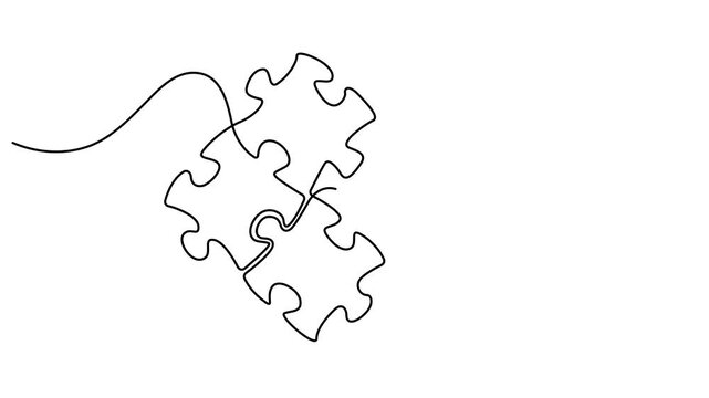 Puzzle line art, Continuous one line drawing of pieces of jigsaw on white background. Puzzle single line vector linear icon. Puzzle game outline line design. Full length one line animation 4K video  