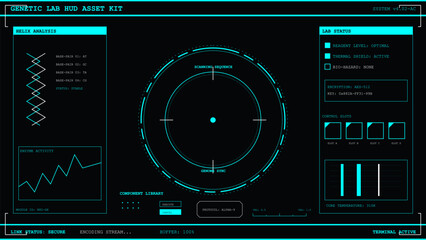 Futuristic laboratory control panel displaying DNA helix analysis and genome scanning data