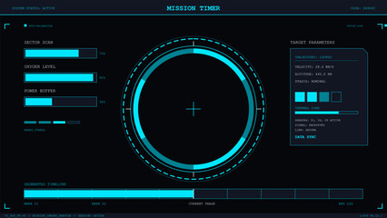 Futuristic digital interface screen displaying mission timer, system status, and target parameters