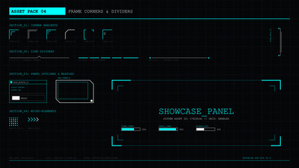 Futuristic user interface design elements featuring frame corners, dividers, and data modules