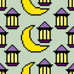 Seamless pattern with lanterns and crescent moons in retro 8 bit pixel art style.
