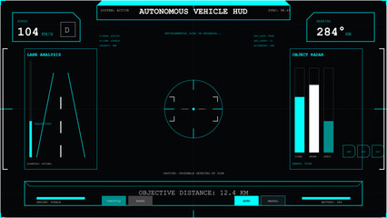 Futuristic autonomous vehicle heads up display interface showing real-time driving data and system status