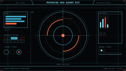 Futuristic heads-up display asset kit with target scanning radar and data metrics