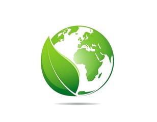 Fototapeta premium A vibrant, graphical representation of planet Earth subtly integrated with a large, fresh green leaf, set against a clean white backdrop