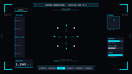 Futuristic tactical head up display screen with operational data and targeting crosshair