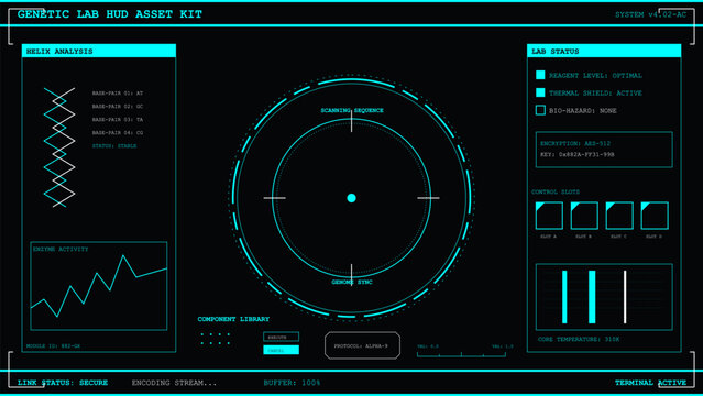 Futuristic laboratory control panel displaying DNA helix analysis and genome scanning data