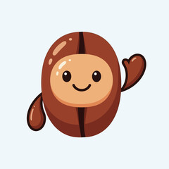 Obraz premium A cheerful cartoon coffee bean with a smiling face and arms poses happily on a plain background.