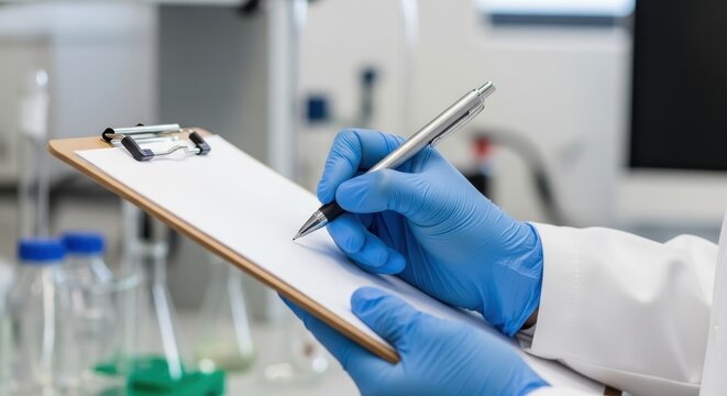 Scientist in blue gloves writing on clipboard documenting laboratory research and examination