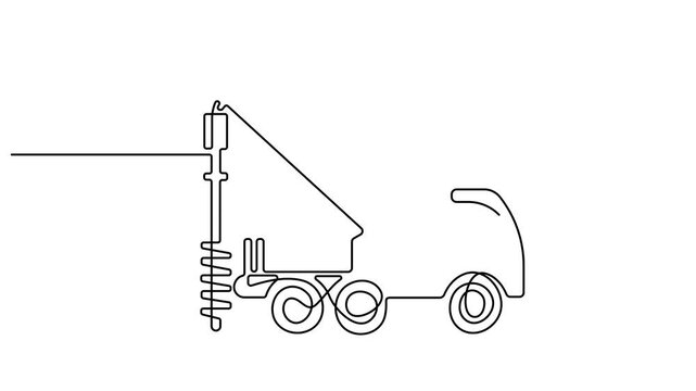 Animation of one single line drawing of truck driller for soil earth drilling, commercial vehicle. Heavy construction machines equipment concept. Full length one line animation  4K video