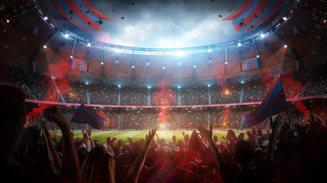 Football stadium at night with cheerful atmosphere.