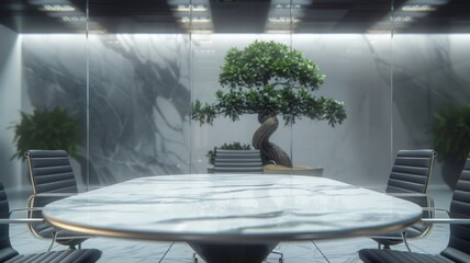 Modern conference room with a large marble table, sleek chairs, and a live bonsai tree, showcasing a clean and professional executive office environment.
