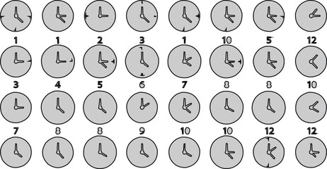 black and white watch and number icons set