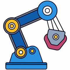A blue robotic arm with a gripper holding a pink gemstone on a white background Vector