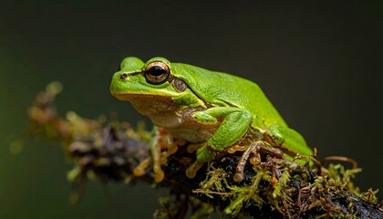 Obraz premium A vibrant green amphibian rests on a mossy branch, the creature captured with intricate detail against a blurry backdrop