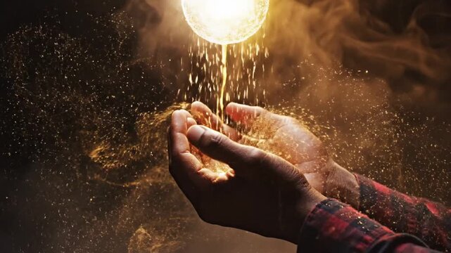 Hands holding golden dust with a bright light shining down on them, surrounded by a dusty atmosphere
