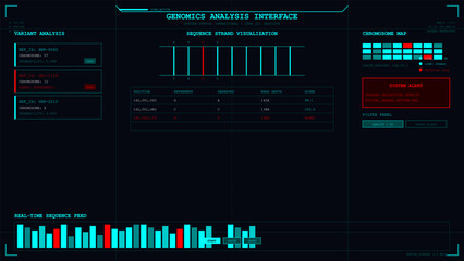 Futuristic Genomics Analysis Interface Displaying DNA Sequence Strand and System Alerts