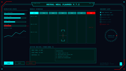Futuristic neural meal planner interface with nutrition statistics and weekly schedule display