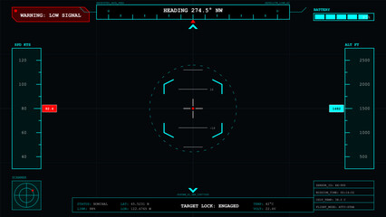 Futuristic heads-up display interface showing flight data, target lock, and low signal warning on a dark background