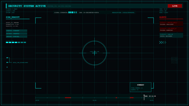 Futuristic security system dashboard with active surveillance data and alerts display