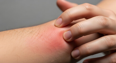Fototapeta premium Close-up of Hand Touching Red Inflamed Skin Rash on Arm, Dermatitis and Allergy Concept