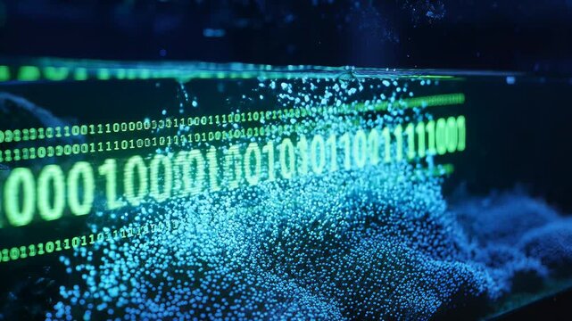 A futuristic digital landscape with binary code and data streams flowing through a dark environment, viewed from a close-up perspective.
