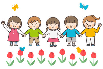 春のチューリップと手をつなぐ5人の子どもたち