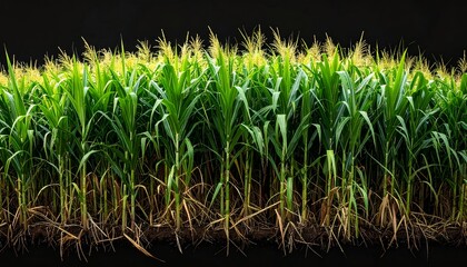 Fototapeta premium A rich field of lush green corn stalks illuminated against a stark black background, highlighting agricultural beauty