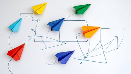 Colorful paper airplanes on a board with a network diagram