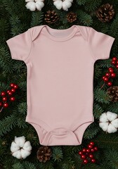 Baby's First Christmas: Soft Pink Bodysuit Amidst Festive Greens
