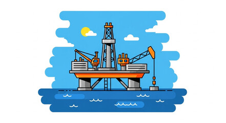 Offshore oil rig drilling platform in the ocean illustration.
