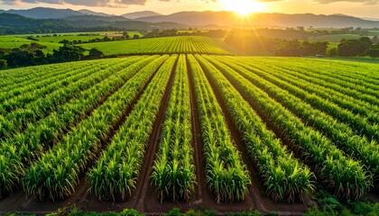 Lush green sugarcane fields stretch into the horizon under a warm sunset, showcasing beautiful agricultural patterns