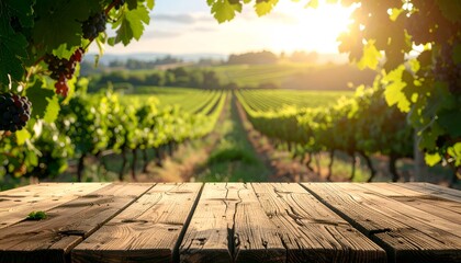Fototapeta premium A scenic vineyard at sunset, showcasing rows of lush grapevines under a golden sky and wooden table foreground