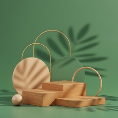 Serene Wooden Platforms: Green & Gold 3D Render