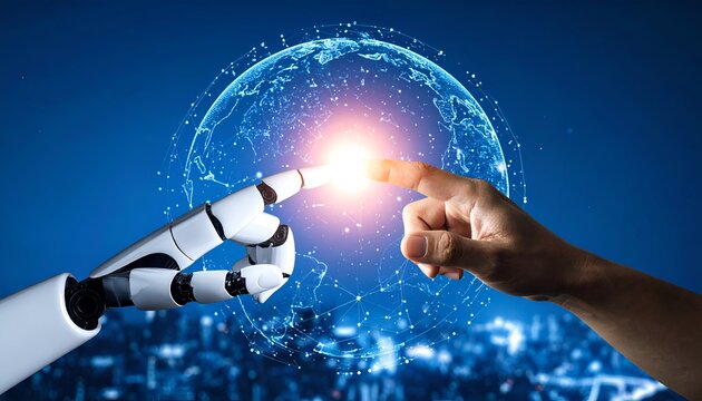 A robotic hand and a human hand reach towards each other, creating a spark in front of a digital globe backdrop