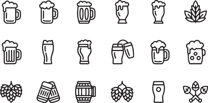 Set of beer and brewing icons on transparent background