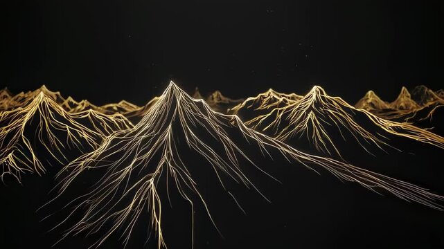 Radiant golden peaks pierce a starry, dark night sky