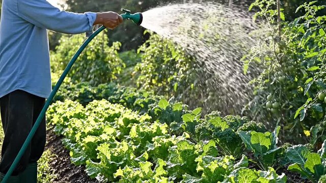 Gardener Watering Plants in the Garden with Hose on Sunny Day.