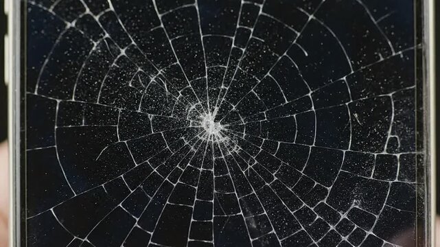 Close up of a shattered smartphone screen with a spider web pattern of cracks.