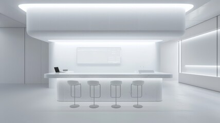 Futuristic reception area with a sleek white counter, illuminated bar, modern stools, and a large display screen, creating a high-tech and minimalist lobby.