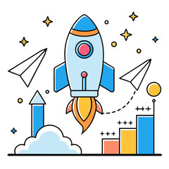 Fototapeta premium A vibrant illustration of a rocket ship launching into space with planets and stars Vector