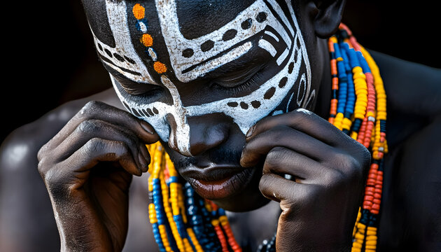 African tribesman with face paint and adornments.