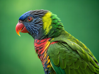 "Colorful parrot isolated on green background, realistic feathers, photorealistic"