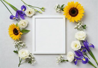 Sunflowers, Irises & White Frame: A Summer Floral Arrangement