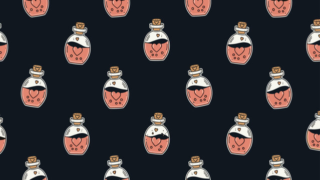 Magic potion bottles seamless pattern with pink liquid and heart symbols for fantasy games and romantic Valentine decorations.