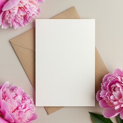 Pink Peonies & Blank Notecard: Elegant Stationery Mockup